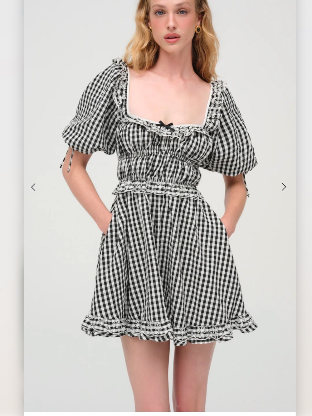 For Love & Lemons Black and White Gingham Puff-Sleeve Mini Dress
